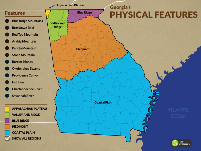 Georgia physical features map labeled