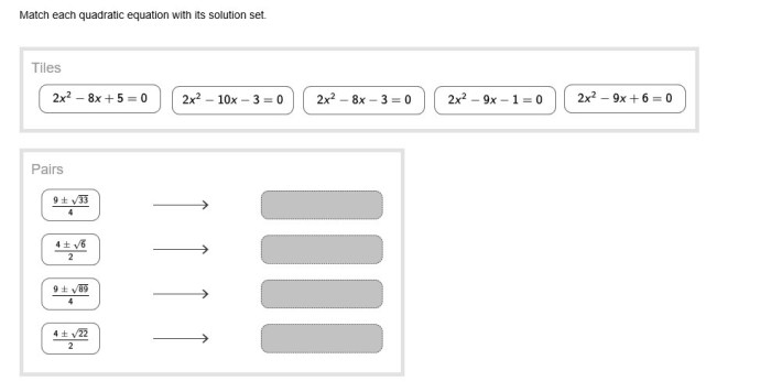 Match each quadratic equation with its solution set